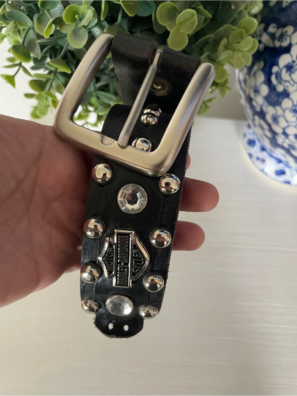 Harley Davidson Black Studded Metal Leather Rhinestone Belt Made in USA Size 38